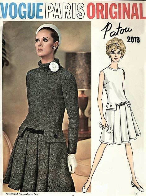 1960s PATOU Drop Waist Dress Pattern VOGUE PARIS Original 2013 Front Pleats ,Bias Collar or Jewel Neckline, Bust 32 Vintage Sewing Pattern