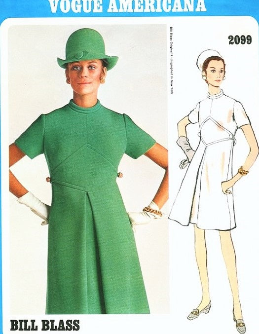 1960s Classy Bill Blass A Line Dress Pattern Vogue Americana 2099 Front Inverted Pleat Bust 38 Vintage Sewing Pattern