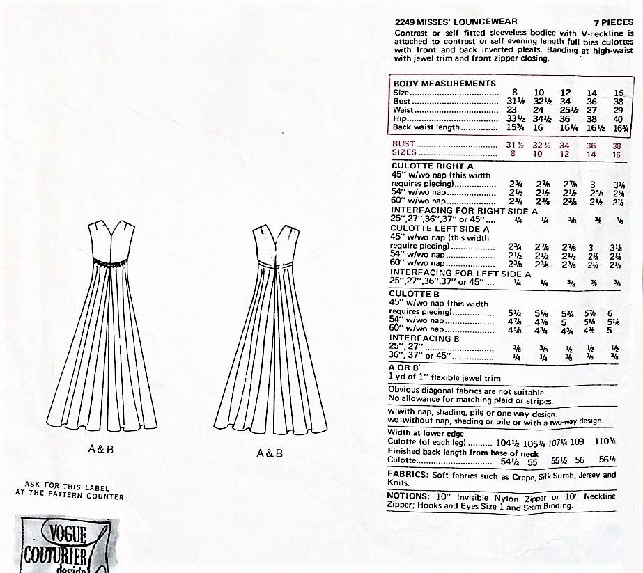 1960s Mod PUCCI Culotte Maxi Gown Pattern VOGUE COUTURIER DESIGN 2249 Deep V Necklines High Waist Evening Gown or Lounging Pantdress Palazzo Jumpsuit Bust 32 Vintage Sewing Pattern
