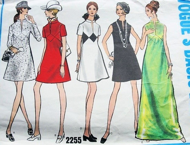 1960s FABULOUS Day or Evening Dress Pattern VOGUE Basic Design 2255 Mini or Maxi Dress 5 Style Versions Low Slit Neckline Bust 34 Vintage Sewing Pattern