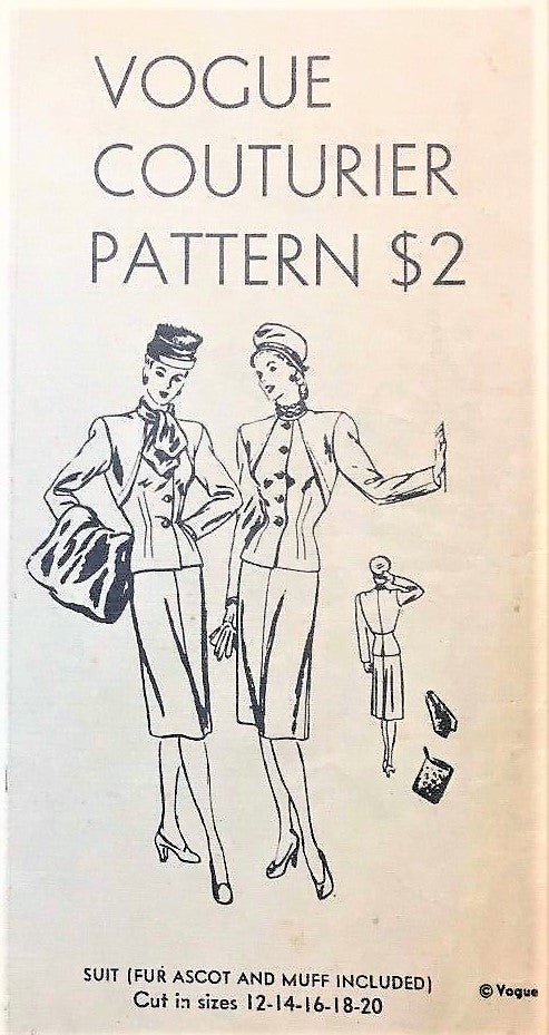 1940s CHIC Slim Suit Fur Ascot and Muff Pattern VOGUE COUTURIER Design 259 Bust 34 Stunning Slim Skirt Suit and Fab Accessories Vintage Sewing Pattern