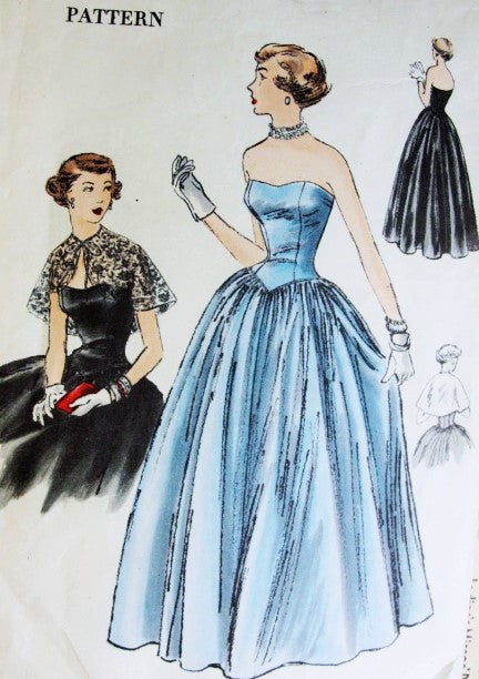 50s LOVELY Party Prom Evening Gown Shoulder Cape Pattern VOGUE Special Design S-3319 Strapless Sweetheart Bodice Vintage Sewing Pattern