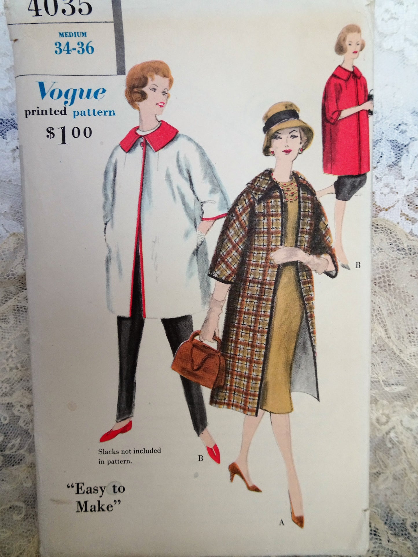1950s EASY to Make Reversible Coat Pattern VOGUR 4035 Straight Coat or Jacket ,Bust 34-36 Vintage Sewing Pattern FACTORY FOLDED