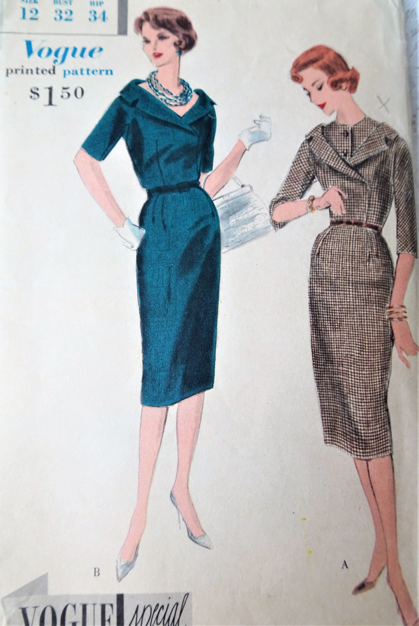 1950s CLASSY Day or Cocktail Party Dress Pattern VOGUE Special Design 4044 Slim Dress, Dickey Option,Bust 32 Vintage Sewing Pattern