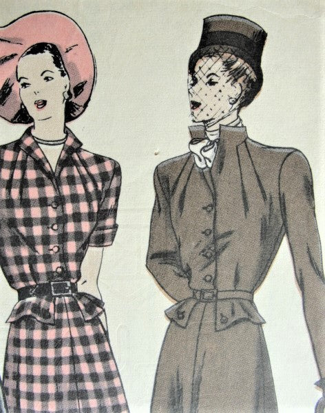 1940s UNIQUE Peplum Dress Pattern VOGUE Special Design 4693 Flared Skirt Dress 2 Necklines,Includes Cravat Bust 30 Vintage Sewing Pattern