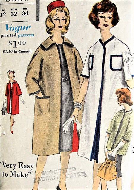 1960s Vintage STYLISH Reversible Coat in Two Lengths Vogue 5030 Sewing Pattern Bust 32