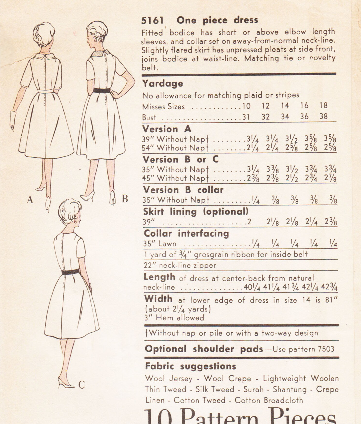 1960 LOVELY Dress Pattern Easy To make VOGUE 5161 Two Style Versions, Flattering Side Pleats, Bust 38 Vintage Sewing Pattern