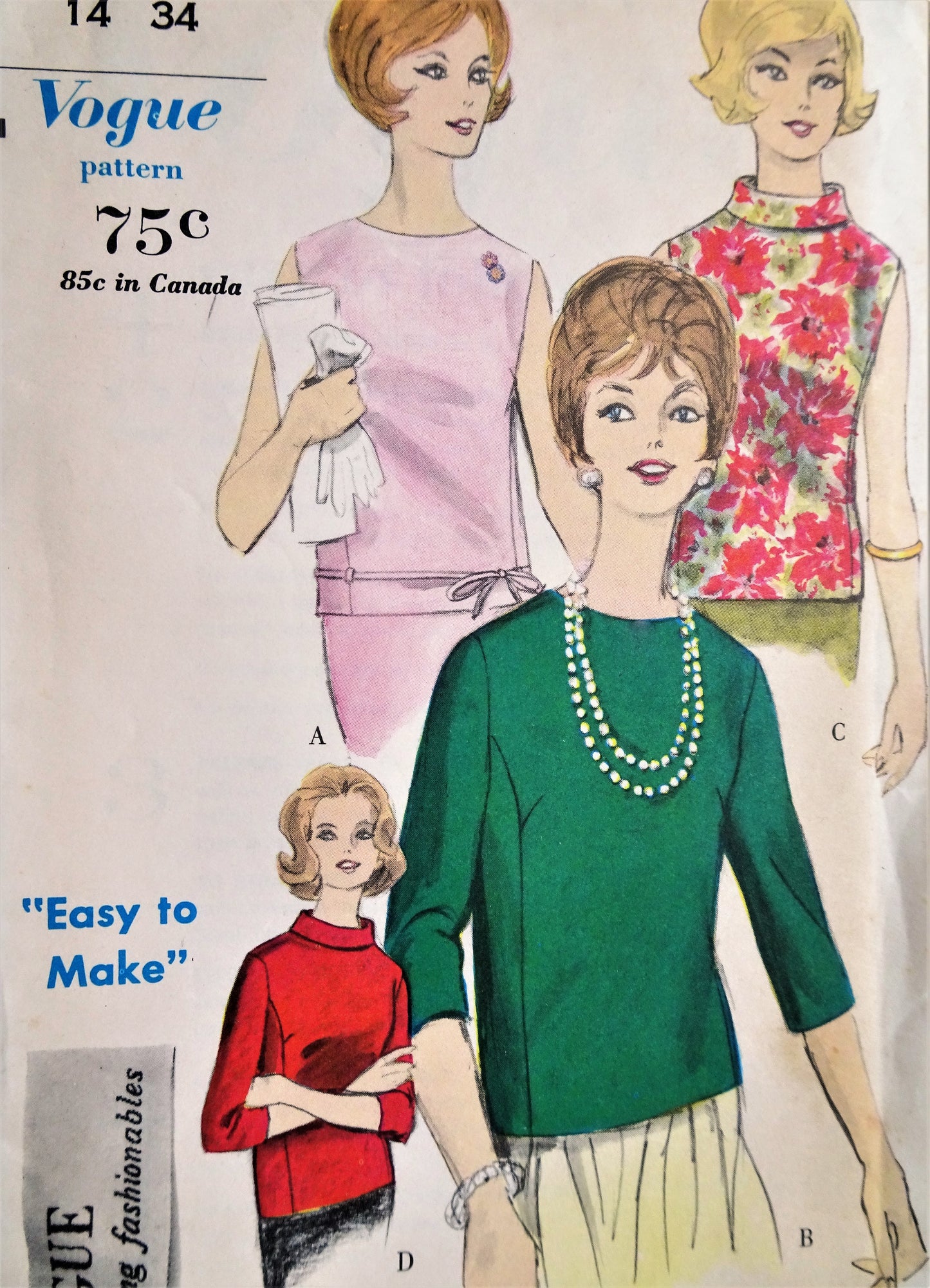 1960s CLASSY Blouse Pattern VOGUE 5337 Four Great Overblouses, Bust 34 Easy To Make Vintage Sewing Pattern