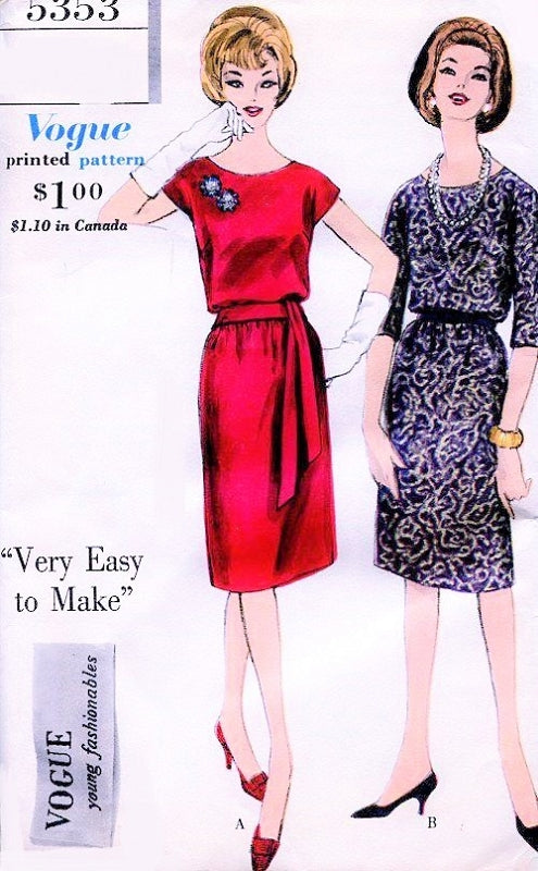 Early 60s Day or Evening Dress Pattern Vogue Young Fashionables 5353 Very Easy To Make 2 Styles Bust 36 Vintage Sewing Pattern FACTORY FOLDED