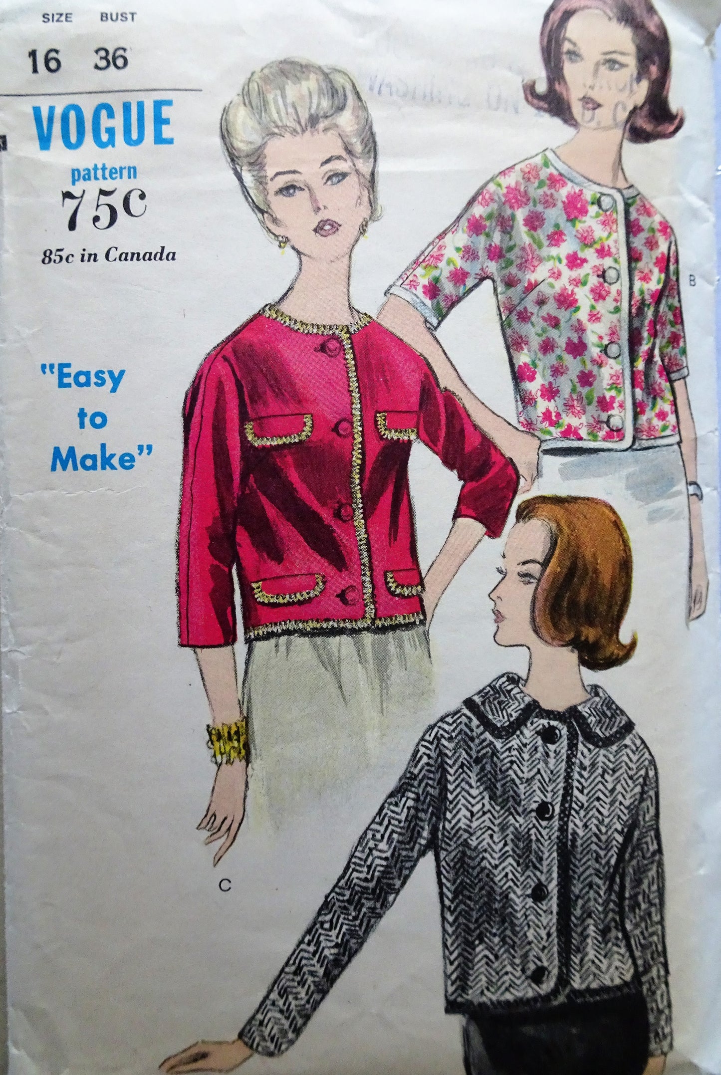 1960s CLASSY Jacket Pattern VOGUE 5903 Three Versions Easy To Make Bust 36 Vintage Sewing Pattern