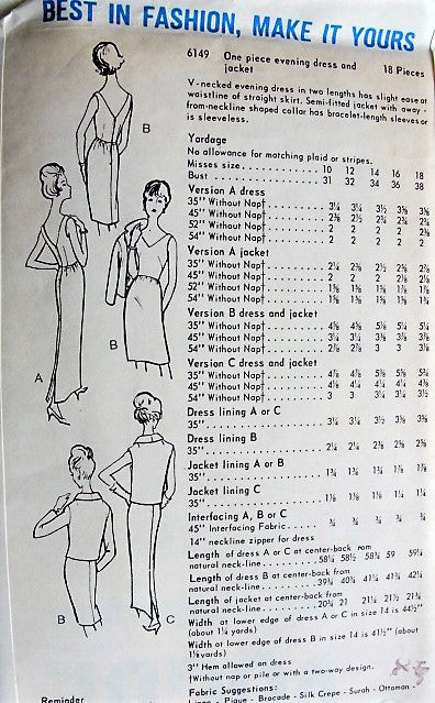 1960s ELEGANT Evening Dress and Jacket Pattern VOGUE Special Design 6149 V Neckline Evening Cocktail Dress, 2 Lengths Bust 32 Vintage Sewing Pattern FACTORY FOLDED