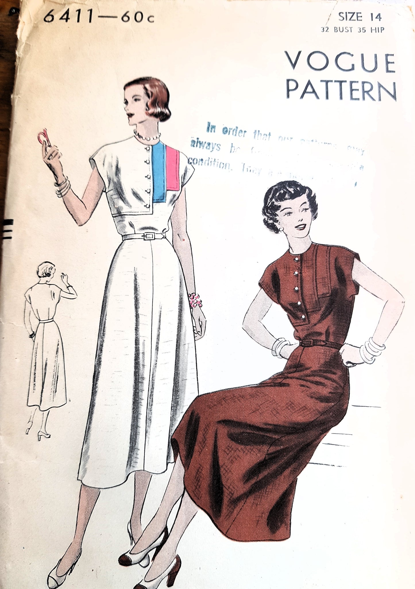 Late 1940s STUNNING Dress Pattern VOGUE 6411 Beautiful Elegant Design, Bust 32 Vintage Sewing Pattern