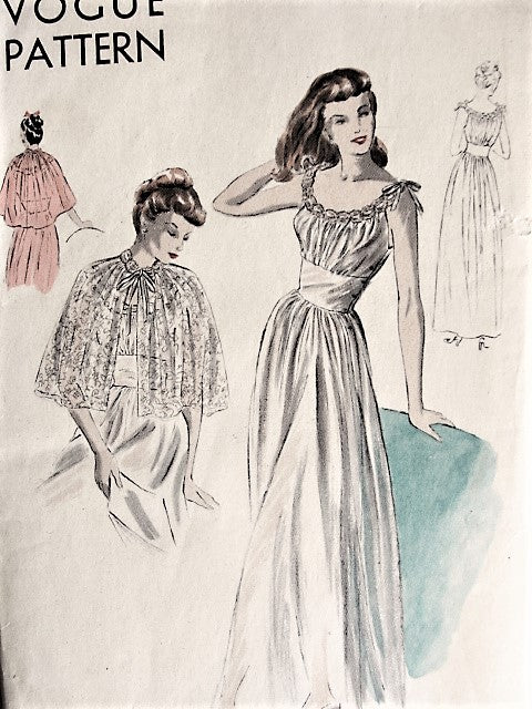 1940s ENCHANTING Nightgown and Cape Wrap Pattern VOGUE 6597 Beautiful Romantic Nightgown Bust 34 Vintage Sewing Pattern