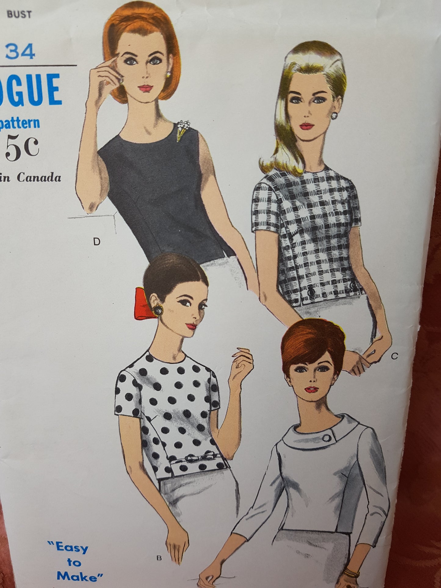 1960s STYLISH Overblouse Blouse Pattern VOGUE 6910 Four Fab Styles Easy To Make, Bust 34 Vintage Sewing Pattern