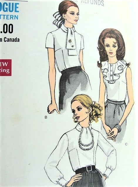 1960s BEAUTIFUL Blouse Pattern VOGUE 7353 Three Lovely Styles Bust 36 Vintage Sewing Pattern