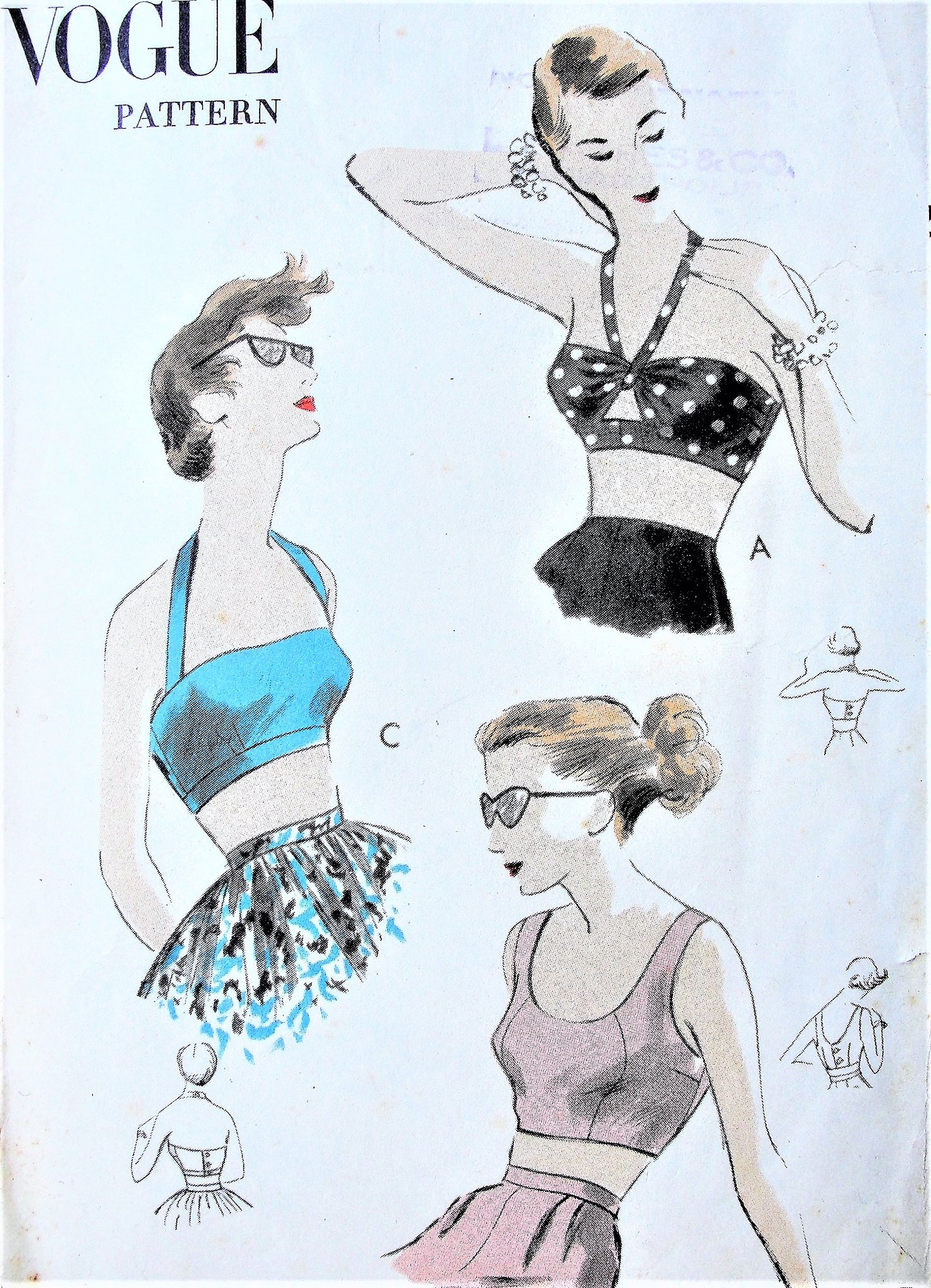 1950s FAB Beach Wear Summer Tops Pattern VOGUE 7385 ROCKABILLY Three Beach Bra Tops,Halter Top,Crop Top,Button Back Tops,Bust 32 Vintage Sewing Pattern