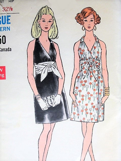 1960s MOD Evening Party Dress Pattern VOGUE 7594 Slim Halter Wrap Style Dress, Low V Neckline, Flattering Obi Wrapped Sash Bust 30 Vintage Sewing Pattern