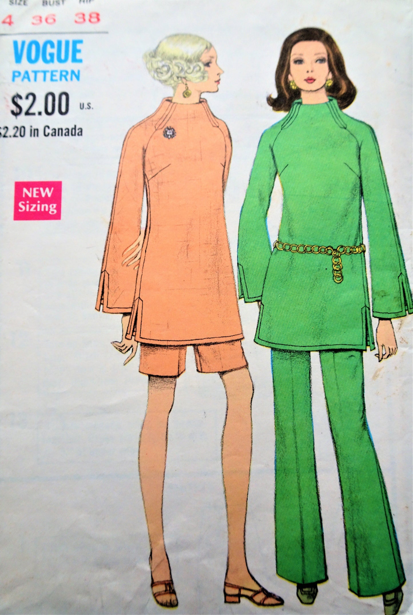 1960s MOD Top,Pants and Shorts Pattern VOGUE 7602 Lovely Standing Collar and Slits Top, Slightly Flared Pants, Day or Evening, Bust 36 Vintage Sewing Pattern