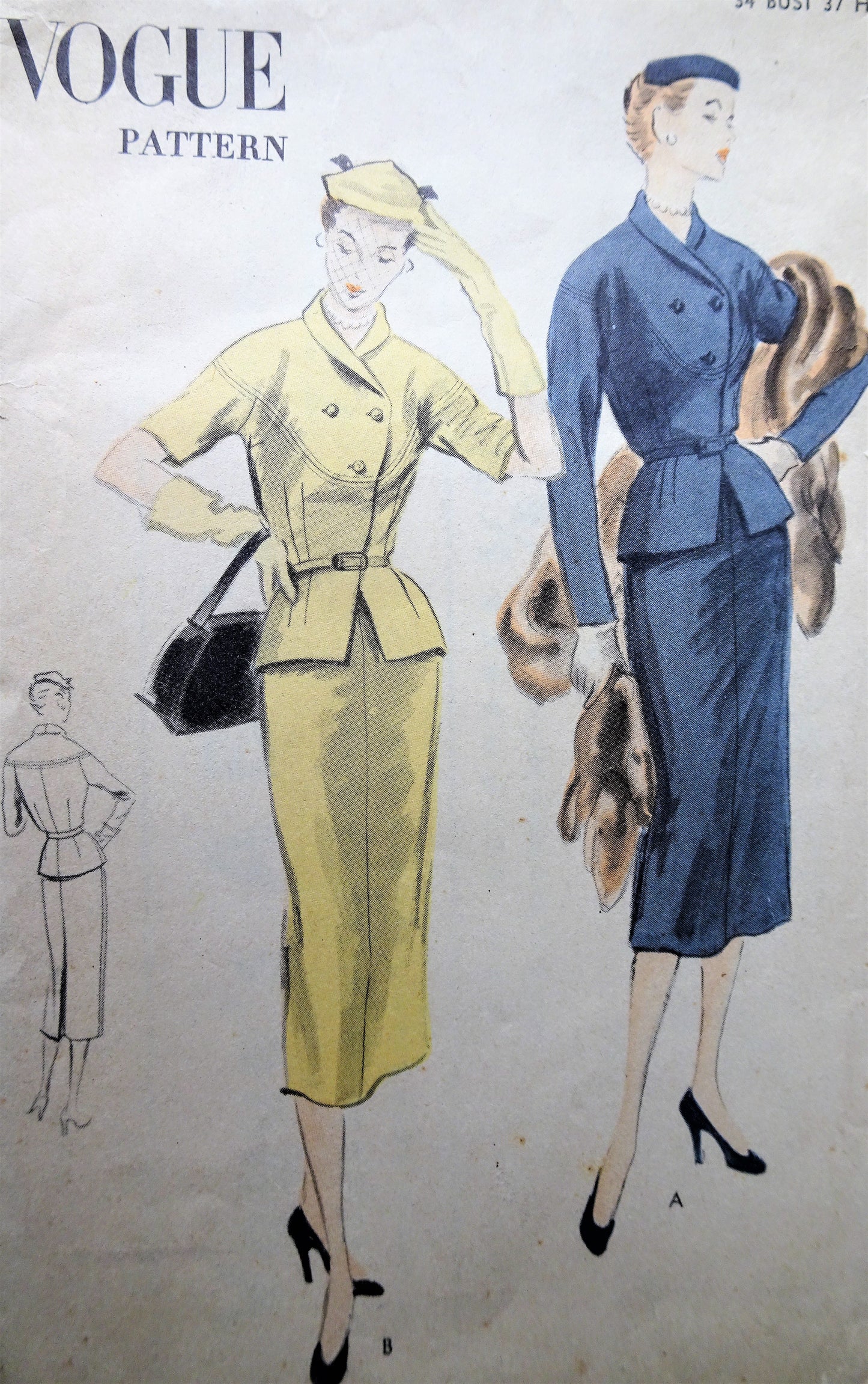 1950s STYLISH Suit or 2 Pc Dress Pattern VOGUE 7773 Slim Pencil Skirt, Fitted Peplum Jacket, Bust 34 Vintage Sewing Pattern