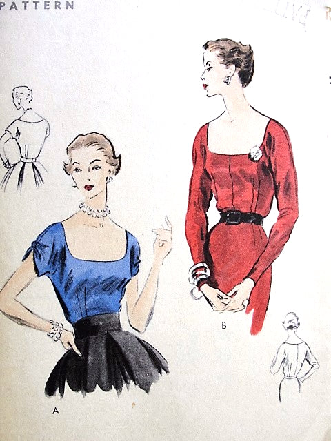 1950s LOVELY Blouse Pattern VOGUE 7805 Two Styles Day or Evening Low Cut Sq Neckline Easy To Make Bust 30 Vintage Sewing Pattern