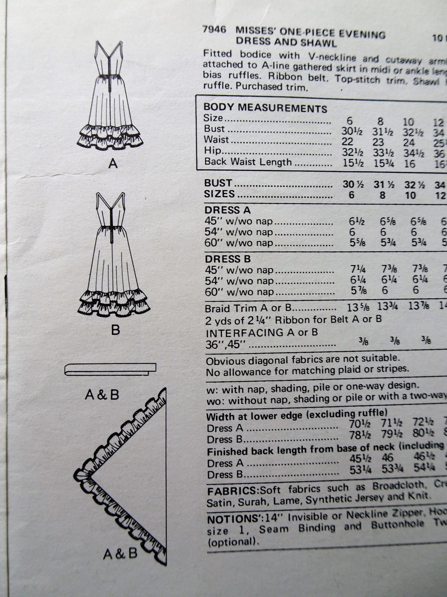 1970s FABULOUS Evening Party Dress and Shawl Pattern VOGUE 7946 Plunging V Front and Back Necklines,Ruffled Hem Midi or Maxi Bust 32 Vintage Sewing Pattern FF