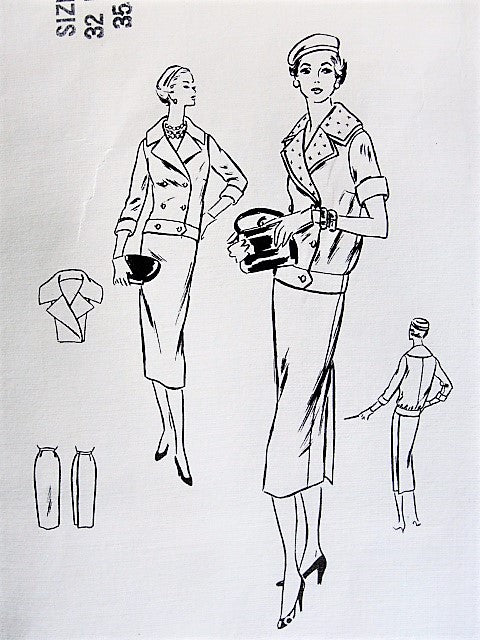1950s CHIC Two Pc Suit Dress Pattern VOGUE COUTURIER Design 854 Slim Wrapped Back Skirt, Double Breasted Blouse With Detachable Collar Bust 32 Vintage Sewing Pattern FF