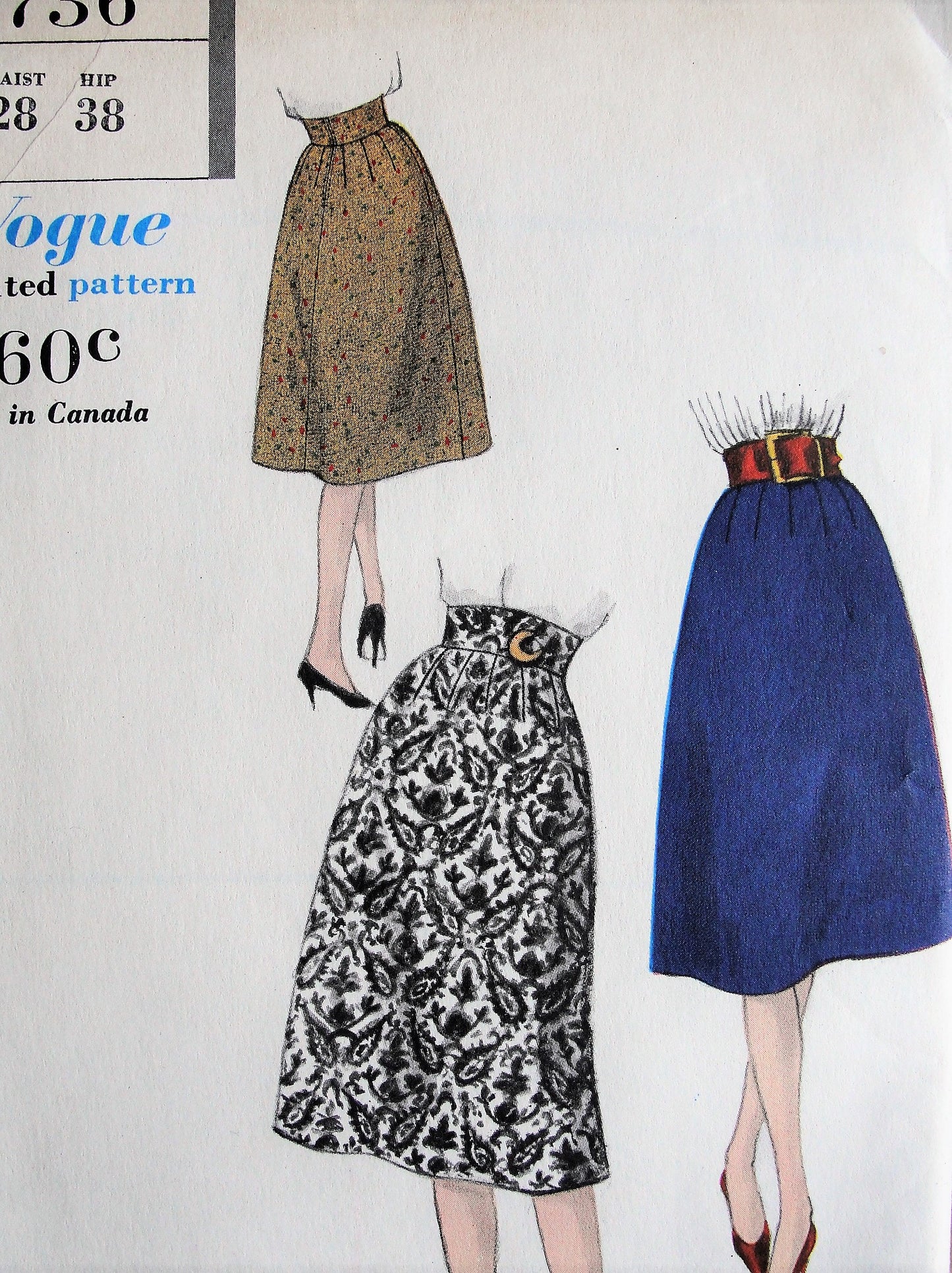 1950s High Waist Flared Skirt Pattern VOGUE 9736,Easy To Make Skirts Waist 28 Vintage Sewing Pattern FACTORY FOLDED