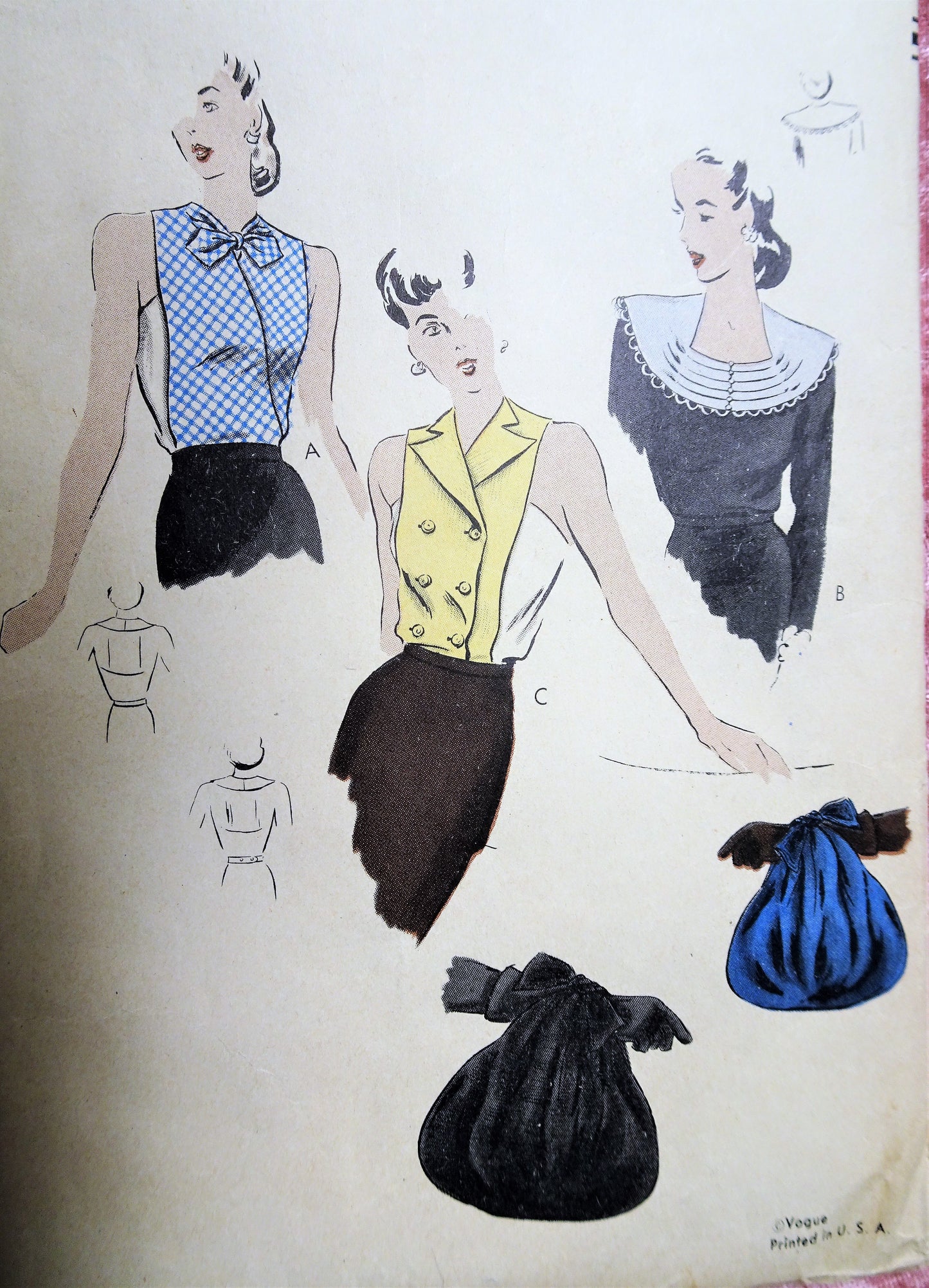 1940s CHIC Accessories Pattern VOGUE 9852 Dickies, Collar and Evening Bag Purse Vintage Sewing Pattern