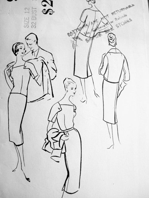 1950s CLASSY 3 Pc Suit Pattern VOGUE COUTURIER DESIGN 997 Striking Details Square Neck Overblouse or Tuck In Slim Mock Wrap Skirt Semi Fitted Shortie Jacket Bust 38 Vintage Sewing Pattern