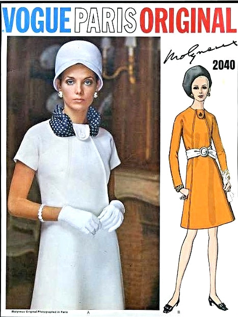 1960s MOLYNEUX Dress Pattern VOGUE PARIS Original 2040 Mod A Line Day or After 5 Dress, Button Tab Neck ,Bust 34 Vintage Sewing Pattern