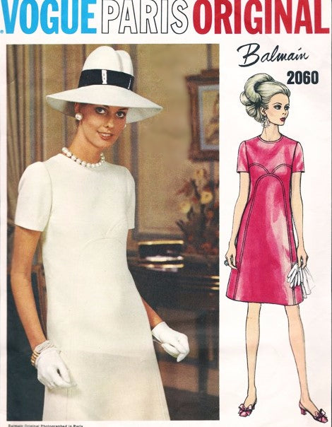 1960s BALMAIN Dress Pattern VOGUE Paris Original 2060 Lovely High Fitted A Line Dress Front Seam Interest, Day or Evening Bust 34 Vintage Sewing Pattern