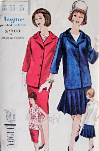 1960 Suit and Blouse Pattern Long Straight Jacket,Slim or Pleated Skirt, Slim Jewel Neckline Overblouse 20s Flapper Influence Vogue Special Design 4219 Vintage Sewing Pattern Bust 31