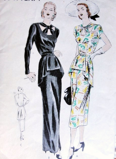1940s Dramatic Evening Gown Cocktail Dress Pattern Vogue 6111 Film Noir Style Circular Tunic, Open Neckline Filled With Crossed Band Knotted In Center Stunning Design Bust 32 Vintage Sewing Pattern