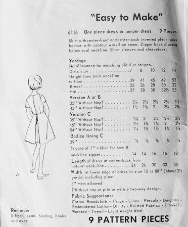 1960s Sweet Girls Dress or Jumper Pattern Vogue 6116 Vintage Sewing Pattern
