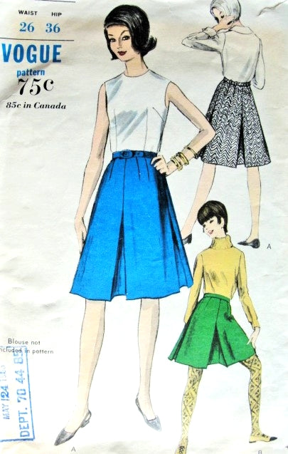 1960s Skirts Pattern Vogue 6407 Two Lengths Regular or Mini Inverted Center Front, Sides and Back Waist 26 Vintage Sewing Patterns