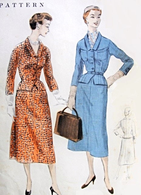 1950s Suit Pattern Vogue 8366 Vintage Sewing Pattern Fitted Jacket Cutaway Front 4 Pc Skirt Wear As Dress or Suit Bust 32