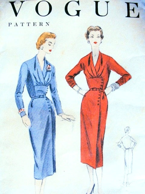 1950s Elegant Slim Dress Pattern Vogue 8401 Draped V Neckline Shaped Midriff Side Pleat Day or After Five Bust 32 Vintage Sewing Pattern FACTORY FOLDED