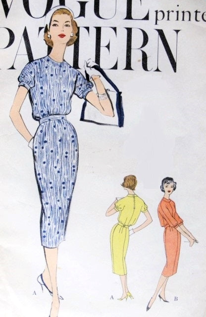 1950s Slim Dress Pattern Vogue 9451 Vintage Sewing Pattern Stylish Pencil Slim Skirt Dress Bloused Bodice Bust 32
