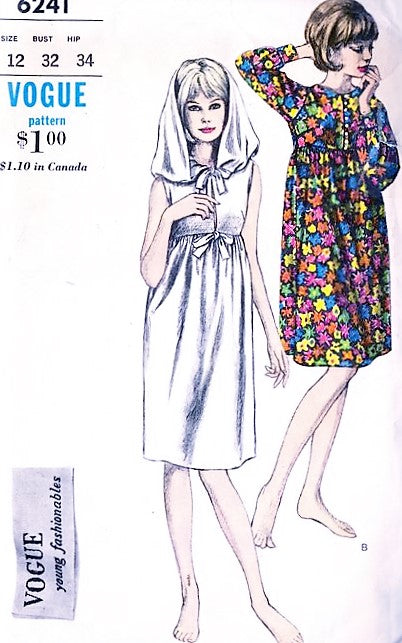 1960s FAB BoHo Beach Dress Cover Up Pattern VOGUE 6241 Empire Waist Dress 2 Styles Includes Hood Version Bust 32 Vintage Sewing Pattern