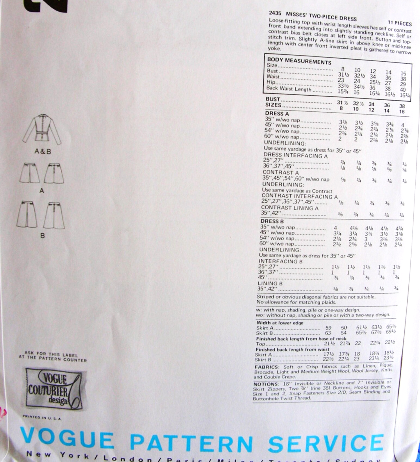 1970s FABULOUS 2 Pc Dress Pattern VOGUE Couturier Design 2435 Galitzine of Italy, Bust 32 Vintage Sewing Pattern