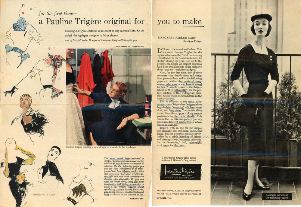 1950 Rare PAULINE TRIGERE WOMANS DAY Pattern 3267 Amazing Chameleon Dress,Princess Seamed Sheath, OverSkirt, Bolero Jacket,Long Stole Bust 34 Vintage Sewing Pattern