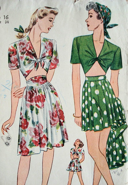 1940s FABULOUS  Beach Wear Pattern SIMPLICITY 1020 Playsuit Midriff Top,Shorts and Skirt Bust 34 Vintage Sewing Pattern