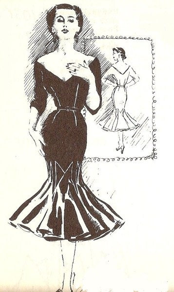 1950s BEYOND FABULOUS Cocktail Evening Dress Pattern SPADEA 1036 American Designer JO COPELAND Party Goer Dress Plunging V Neckline Glove Fitting Slim Dramatic Flared Hemline Bust 36 Vintage Sewing Pattern FF
