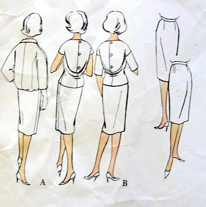 1960 DESSES Elegant 3 Pc Suit Pattern Vogue Paris Original 1065 Over Blouse With Unique Back Cowl Drape Bust 34 Vintage Sewing Pattern