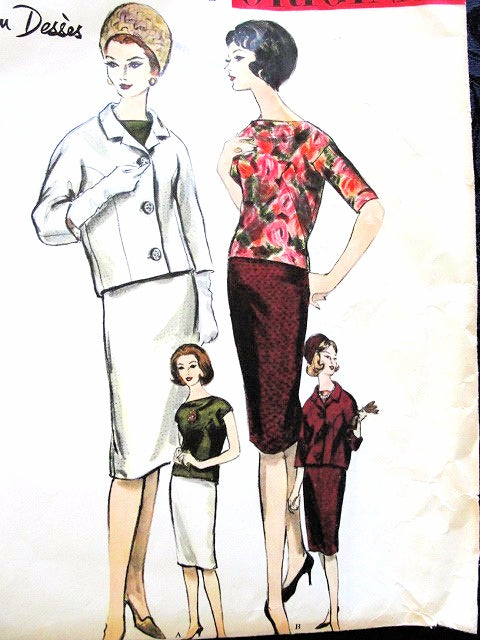 1960 DESSES Elegant 3 Pc Suit Pattern Vogue Paris Original 1065 Over Blouse With Unique Back Cowl Drape Bust 34 Vintage Sewing Pattern