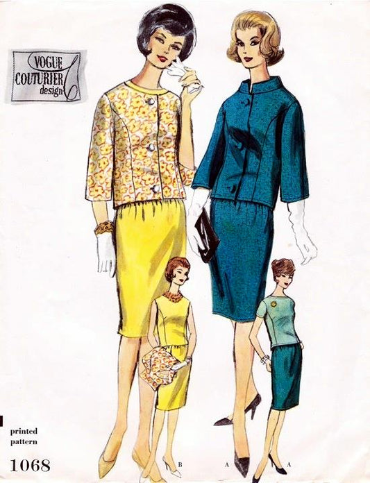 1960s Elegant 3 Pc Suit Pattern Vogue Couturier Design 1068 Two Jacket Styles Bust 31 Vintage Sewing Pattern