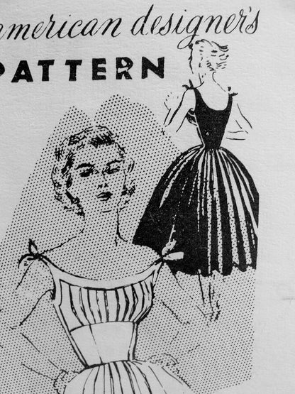 1950s Tina Leser Rockabilly PARTY Dress Pattern SPADEA 1084 Flirty Tied Shoulders Low Scoop Neckline Midriff Full Skirted Dress Daytime or Evening Bust 30 Vintage Sewing Pattern