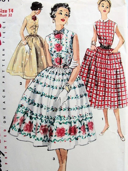 1950s Pretty Dress Pattern SIMPLICITY 1084 Three Style Versions Easy To Sew Bust 34 or 36 Vintage Sewing Pattern