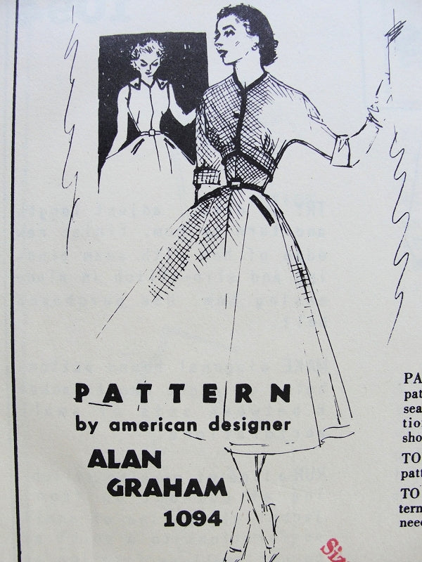 1950s RARE Alan Graham Spadea American Designer Pattern 1094 Full Skirt Dress  Button Shoulders, Short Shaped Jacket