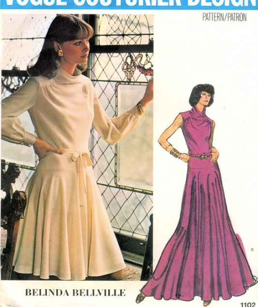 1960s BELINDA BELLVILLE DRESS PATTERN FLATTERING DROP WAIST FLIPPY SKIRTED, BIAS FRONT BODICE, DRAPED COWL NECKLINE VOGUE COUTURIER DESIGN PATTERNS 1102 UNCUT FACTORY FOLDED